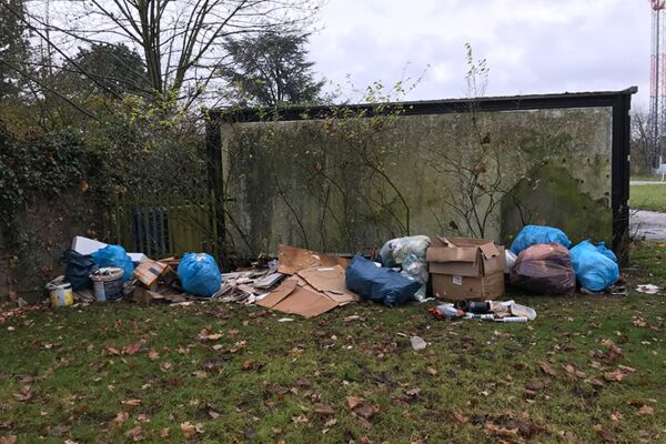 Ein Bild, das eine illegale Müllablagerung neben einem Container zeigt, um auf das Problem der Müllsünder und die Notwendigkeit der korrekten Müllentsorgung hinzuweisen.