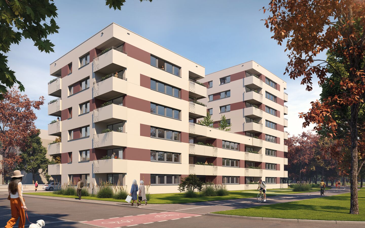 Dieses moderne Mehrfamilienhaus mit cremefarbenen und roten Akzenten bietet Balkone für viele Wohnungen. Es liegt in einer belebten urbanen Umgebung mit Fußgängern und Radfahrern auf den umliegenden Wegen.