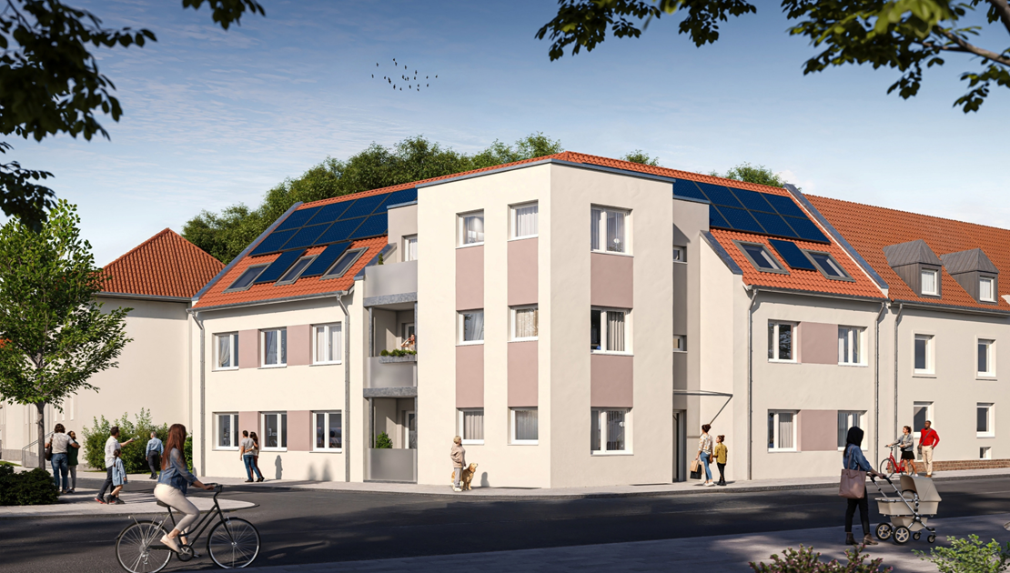 Ansicht eines modernen Wohngebäudes mit fünf Stockwerken, farblich in Beige und Burgund gehalten, in einer lebhaften städtischen Umgebung mit Passanten und Fahrradfahrern.